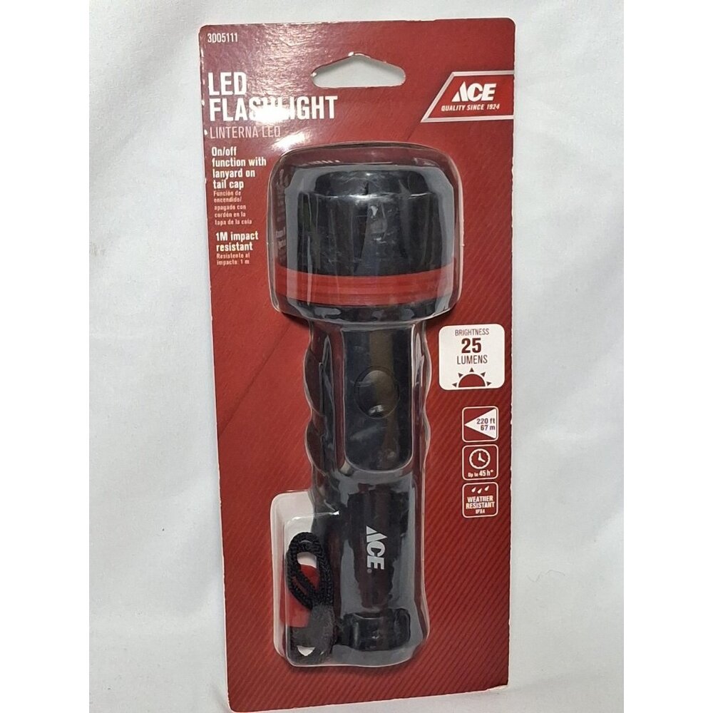 Ace LED Flashlight, 25 Lumens, Water Resistant, D batteries included. Red & Blac